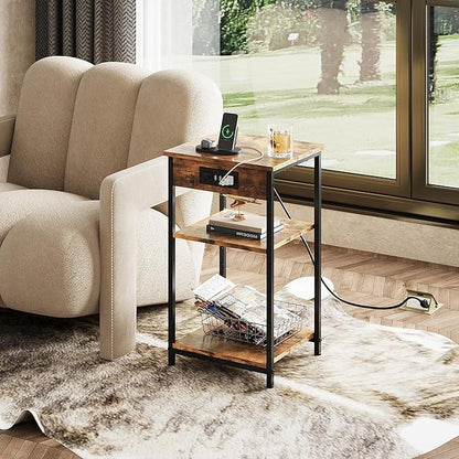WLIVE End Table with Charging Station, Small Night Stand with 3 Storage Shelves, Side Tables for Small Spaces, Bedside Tables for Living Room, Bedroom, Rustic Brown