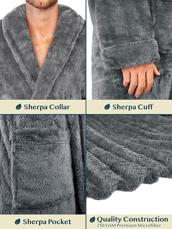 PAVILIA Mens Soft Robe, Plush Fluffy Fleece Bathrobe Men, Long Sherpa Shaggy Spa Robe