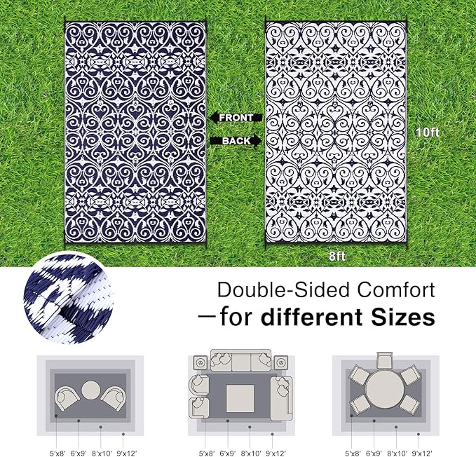 OLANLY Outdoor Rug Waterproof 8x10 ft Clearance, Reversible Outdoor Plastic Straw Rug with Floral Pattern, RV Mat for Patio, Camping, Balcony, Deck, Backyard, Navy & White