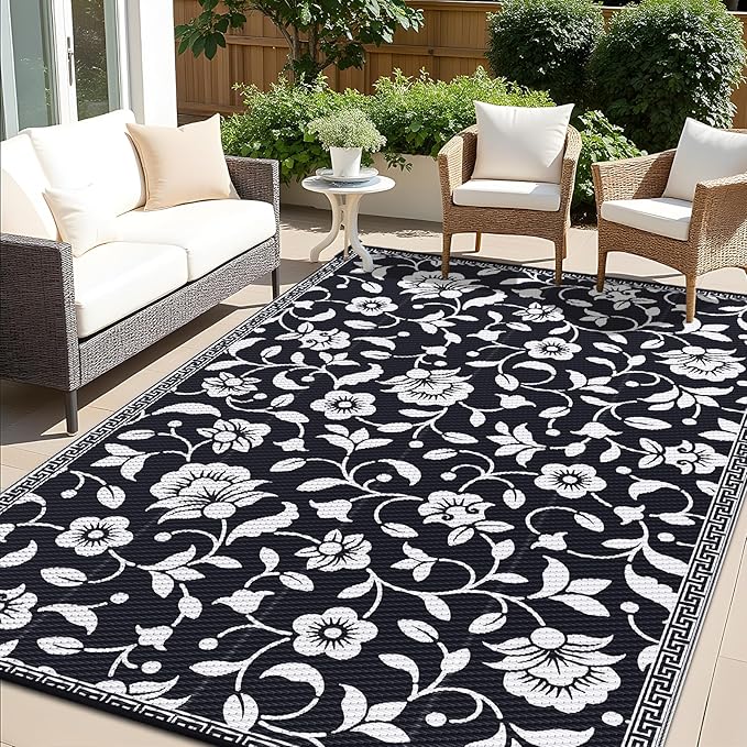 OLANLY Waterproof Outdoor Rug 8x10 ft, Outdoor Plastic Straw Rug with Flower Pattern, Reversible RV Mat for Patio, Camping, Balcony, Deck, Backyard, Black & White