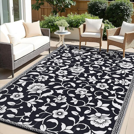 OLANLY Waterproof Outdoor Rug 8x10 ft, Outdoor Plastic Straw Rug with Flower Pattern, Reversible RV Mat for Patio, Camping, Balcony, Deck, Backyard, Black & White