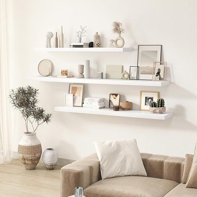 White Floating Shelves Wall Shelf 48 Inch, 8 Inch Deep Floating Shelf for Wall, Farmhouse Black Wood Shelves Invisible Bracket for Living Room, Bedroom, Kitchen, 48 x 9.3 x 1.4 Inch, Set of 2