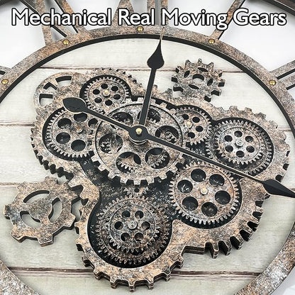 DORBOKER 24" Large Wall Clock with Moving Gears,Oversize Vintage Industrial Rustic Farmhouse Clocks for Living Room Decor Office Home,Solid Wood Retro Metal HD Tempered Glass Cover,Desert Beige