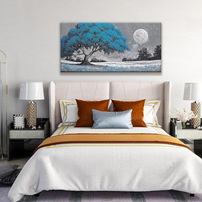 TAIJXAGSG Wall Art For Living Room Blue Tree Moon Canvas Art Wall Decor Artwork Print Painting 20" X 40" Canvas Picture For Bedroom Decor Modern Salon Kitchen Office Hang A Picture