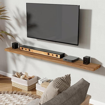 72" Floating Shelves for Wall, Rustic Elm Wood Floating Shelf for Home Decor, Wall-Mounted Display Shelves with Heavy-Duty Bracket, Long Floating Shelf for Bathroom, Kitchen, Natural Color