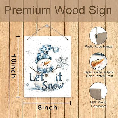 Winter Snowman Hanging Wooden Signs 12x6, Let It Snow Signs, Winter Wall Decor, Winter Door Decor, Blue Snowman Winter Snowflakes Home Room Office Hanging Wall Decor