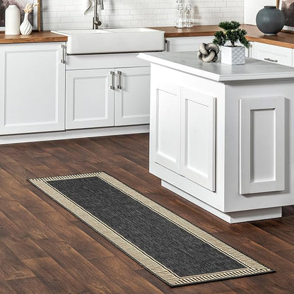 nuLOOM 2' x 8' Outdoor Area Rug, Casual Design With Striped Border, Stain Resistant, Highly Durable, For Patio, Balcony, Bedroom, Living Room, Dining Room, Bathroom, Dark Grey