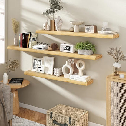 RICHFOCUS Live Edge Wood Floating Shelves 55" Natural Solid Wood Wall Mounted Shelf|Extra Long Floating Shelves for Wall with Invisible Bracket for Bathroom Kitchen Room|1Pcs, Natural