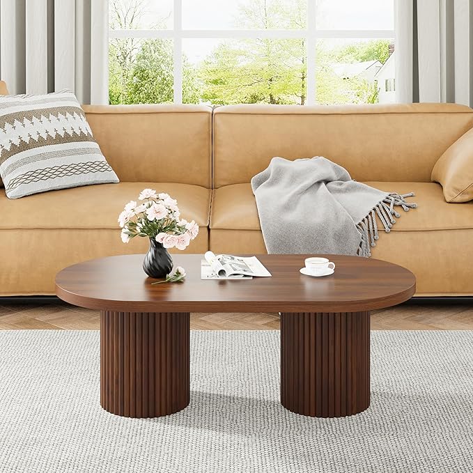 Oval Fluted Coffee Table, Farmhouse Wood Coffee Table Mid Century Modern Center Table Boho Living Room Tables for Living Room Office (Walnut, 19.69" D x 39.38" W x 13.78" H)