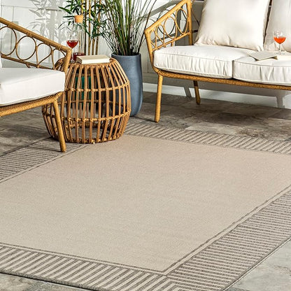 nuLOOM 2' x 8' Outdoor Area Rug, Casual Design with Striped Border, Stain Resistant, Highly Durable, for Patio, Balcony, Bedroom, Living Room, Dining Room, Bathroom, Light Grey