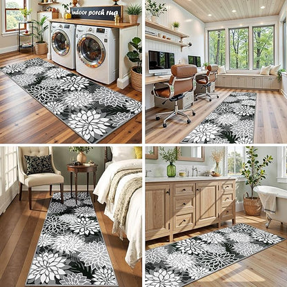 Area Rug 2x6 Black White Washable Entry Rug Multicolored Tropical Botanical Modern Floral Indoor Kitchen Door Mat Entrance Carpet Non Slip for Bedroom Living Room, Porch