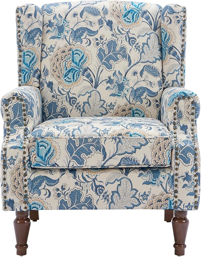 UIXE High Back Floral Accent Chairs Set of 2, Upholstered Armchair in Fabric, Retro Printed Wingback Arm Chair for Living Room, Nailhead Trim Single Sofa Bedroom Reading Seat - Boho Blue