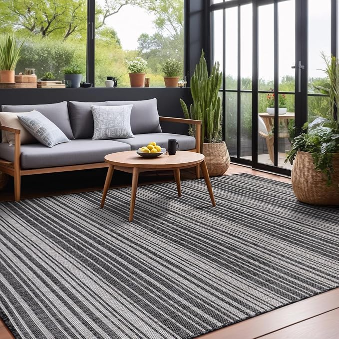 Stripe Outdoor Rug 8x10 Washable Outside Carpet for Indoor Patio Porch Waterproof Easy Cleaning Non Shedding Area Rugs Dark Gray 8 x 10