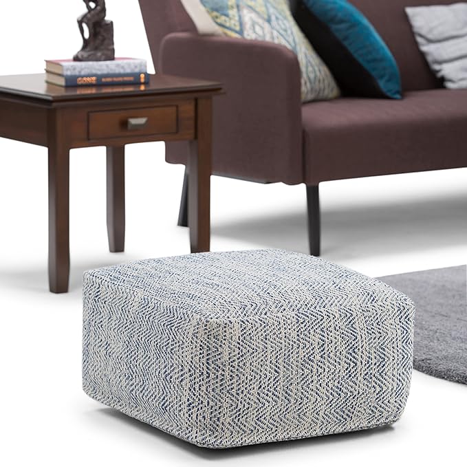 SIMPLIHOME Nate 20-inch Wide Square Pouf in Patterned Denim Mélange, Handwoven Boho-Style Cotton Ottoman, Footrest, or Extra Seating for Living Room, Assembled
