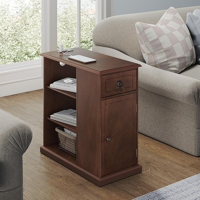 ChooChoo Farmhouse XXL End Table with Charging Station，Narrow Sofa Side Table with Adjustale Shelf, 3 Tier Rustic Night Stand for Small Place Living Room, Cherry Brown