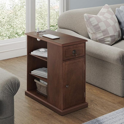 ChooChoo Farmhouse XXL End Table with Charging Station，Narrow Sofa Side Table with Adjustale Shelf, 3 Tier Rustic Night Stand for Small Place Living Room, Cherry Brown