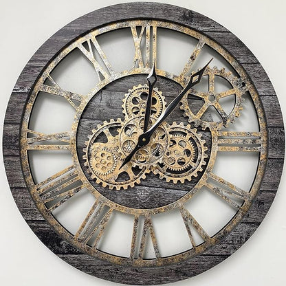 The Gears Clock The Original Real Moving Gear Wall Clock Vintage Industrial Oversized Rustic Farmhouse (24 inch (60cm), Vintage Carbon Grey and Bronze)