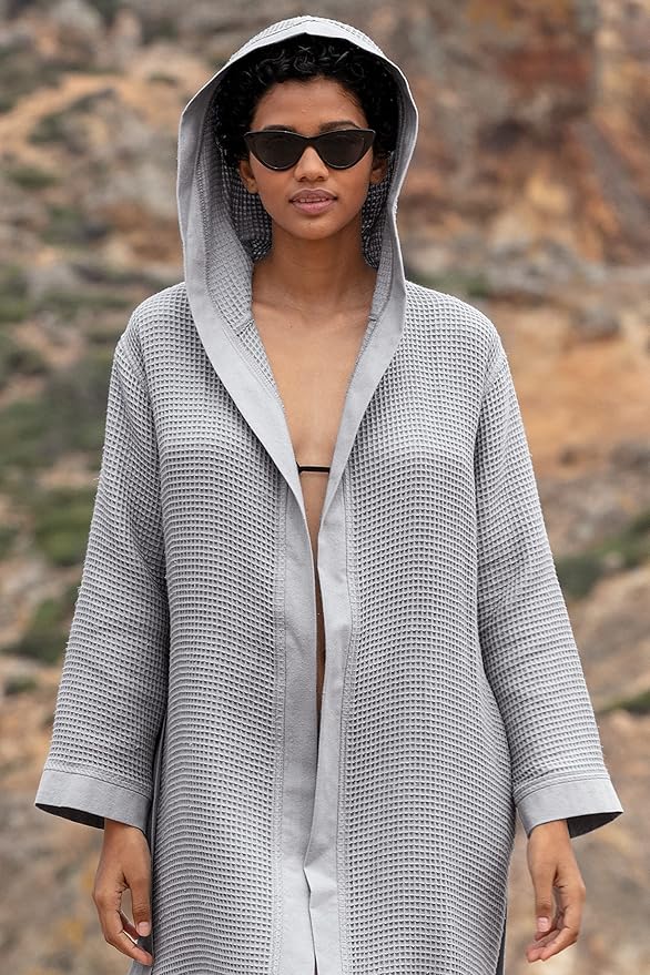 Women’s Luxury Waffle Shawl Collar, Hooded Robe w Piping – Lightweight, Long, Ultra Soft Spa Sleepwear Bathrobe