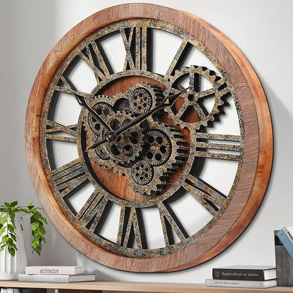 HOIBAI Large Wall Clock, Wall Clocks for Living Room Decor 20 Inch Farmhouse Vintage Rustic Kitchen Wall Decor Vintage Roman Oversized Wall Clock for Home Bedroom House, Moving Gears Clock