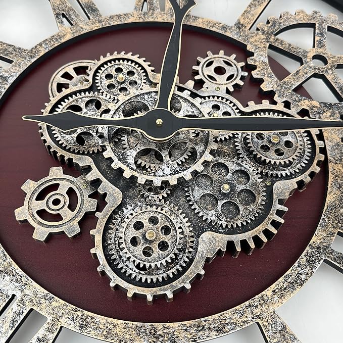 The B-Style Large Real Moving Gears Wall Clock 30 inch Rustic Retro Industrial Farmhouse Wood Clock Oversized Decorative Vintage Wall Clocks for Living Room (Cherry red and Bronze