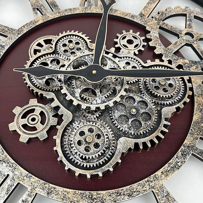 The B-Style Large Real Moving Gears Wall Clock 30 inch Rustic Retro Industrial Farmhouse Wood Clock Oversized Decorative Vintage Wall Clocks for Living Room (Cherry red and Bronze