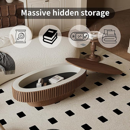 47.2''Oval Coffee Table with Storage, Mid Century Modern Fluted Drum Center Tables with Lid, Solid Wood Side Pedestal Coffee Table Tea Table for Living Room, Bedroom, Apartment-Walnut