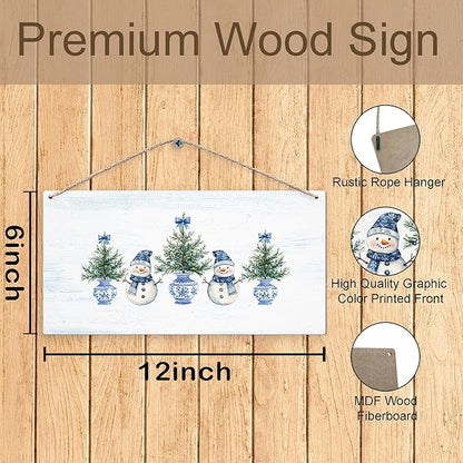 DUXMNAMG Chinoiserie Snowman Winter Hanging Wooden Signs 12x6, Blue and White Porcelain Snowman Sign, Winter ChristmasTree Blue Bow Snowman Chinoiserie Signs for Home Room Office Hanging Wall Decor