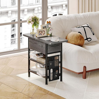 End Table with Charging Station, Flip Top Nightstand with USB Ports and Outlets,Couch Side Table with Fabric Bag and Hooks, Bedside Table for Space Saving, Living Room, Bedroom (Grey)