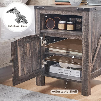 OKD Farmhouse Nightstand with Charging Station, 18" Rustic End Table with Adjustable Storage Shelf, Wood Rustic Wood Sofa Side Table for Bedroom