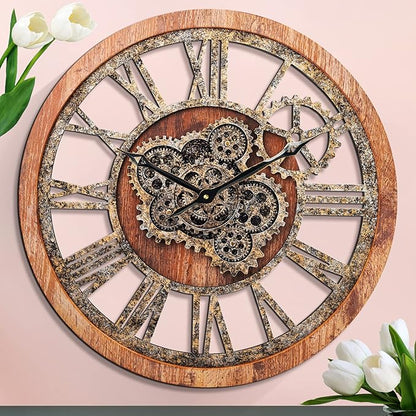 HOIBAI Large Wall Clock 24 Inch Large Clocks for Living Room Decor with Moving Gears Vintage Industrial Steampunk Farmhouse Big Clock for Home Kitchen Bedroom Office