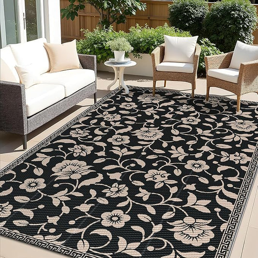 OLANLY Waterproof Outdoor Rug 5x8 ft, Outdoor Plastic Straw Rug with Flower Pattern, Reversible RV Mat for Patio, Camping, Balcony, Deck, Backyard, Black & Beige