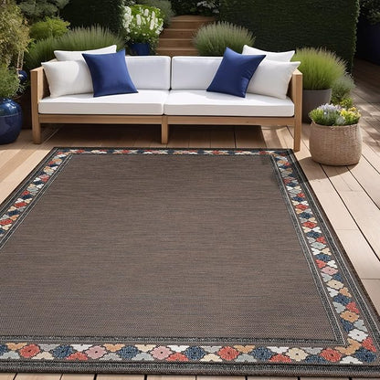 Beverly Rug Outdoor Rug 10x14 Modern Bordered Large Area Rugs for Indoor and Outdoor Patio Easy to Clean Non Shedding Living Room Porch Garden Washable Outside Carpet (10 x 14 Brown)