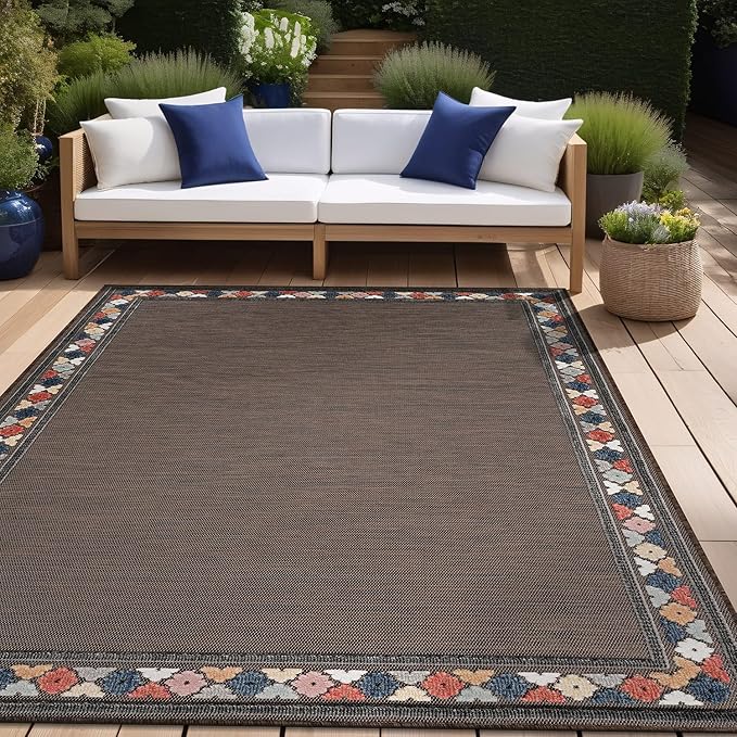 Beverly Rug Outdoor Rug 9x12 Modern Bordered Large Area Rugs for Indoor and Outdoor Patio Easy to Clean Non Shedding Living Room Porch Garden Washable Outside Carpet (9 x 12 Brown)
