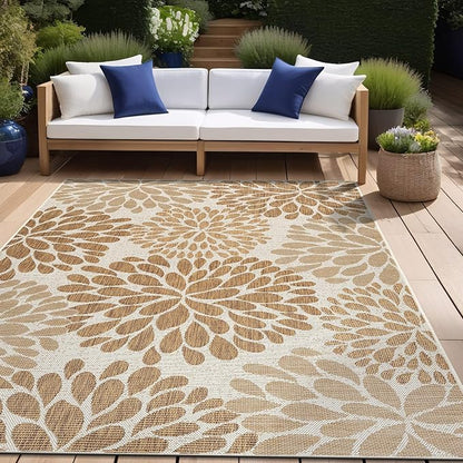 Beverly Rug Outdoor Rug 9x12 Modern Exotic Tropical Leaf Area Rugs for Indoor and Outdoor Patio Deck Porch Garden Water Resistant Washable Outside Carpet (9 x 12 Beige)