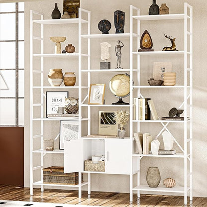70x78 “ Triple 6 Tier Book Shelf, Industrial Large Bookcase with Storage Cabinet, Tall Bookshelf with 16 Open Display Shelves Metal Frame Furniture for Living Room Bedroom Home Office White