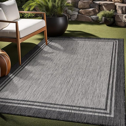 Bordered Outdoor Rug 10x14 Washable Outside Carpet for Indoor Patio Porch Waterproof Easy Cleaning Non Shedding Area Rugs Dark Gray 10 x 14
