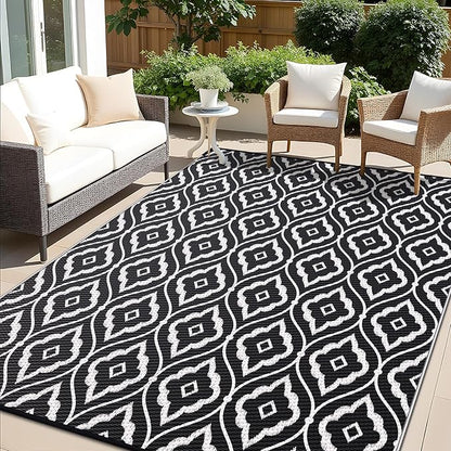 OLANLY Outdoor Rug 5x8 ft Waterproof, Outdoor Plastic Straw Rug with Geometric Pattern Clearance, Reversible RV Mat for Patio, Camping, Balcony, Deck, Backyard, Black & White