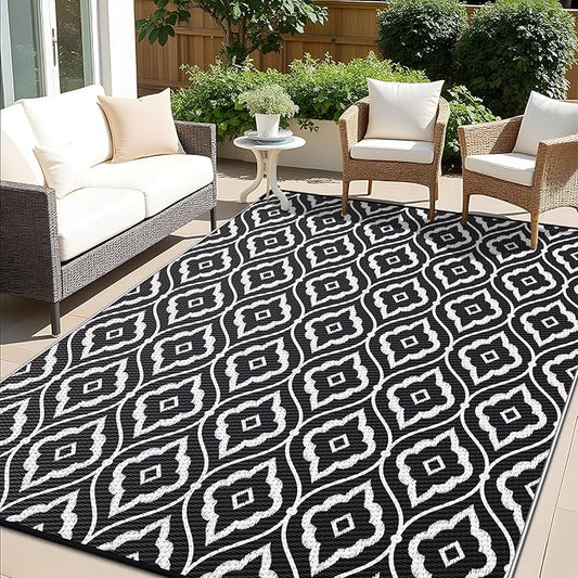 OLANLY Outdoor Rug 5x8 ft Waterproof, Outdoor Plastic Straw Rug with Geometric Pattern Clearance, Reversible RV Mat for Patio, Camping, Balcony, Deck, Backyard, Black & White