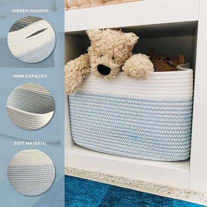 OrganiHaus Set of 3 Woven Storage Baskets for Organizing, Cotton Rope Organizer Bins for Shelves, Closet & Nursery, Dog Toy Basket, Decorative Bins for Toys, Towels & Books - 15x10x9, Blue/Off-White