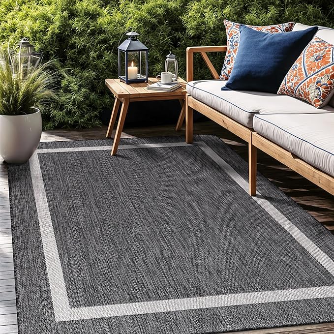 Bordered Outdoor Rug 6x9 Washable Outside Carpet for Indoor Patio Porch Waterproof Easy Cleaning Non Shedding Area Rugs Gray 6 x 9