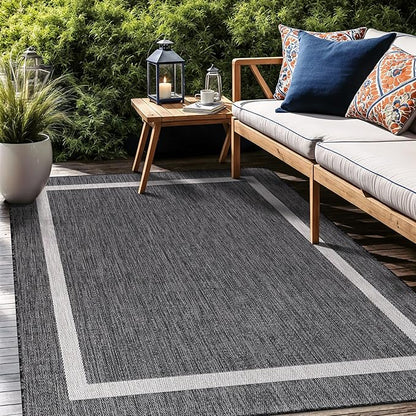 Bordered Outdoor Rug 9x12 Washable Outside Carpet for Indoor Patio Porch Waterproof Easy Cleaning Non Shedding Area Rugs Gray 9 x 12