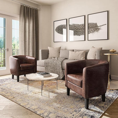 BELLEZE Accent Barrel Chair, Set of 2 Faux Leather Round Club Tub Sofa Corner Chair with Flared Legs and Cozy Soft Padding for Living Room Bedroom Waiting Room - Caramel