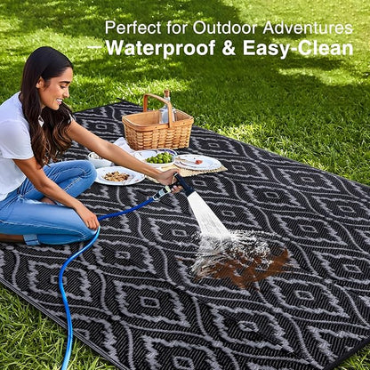 OLANLY Outdoor Rug 8x10 ft Waterproof, Outdoor Plastic Straw Rug with Geometric Pattern Clearance, Reversible RV Mat for Patio, Camping, Balcony, Deck, Backyard, Black & Grey