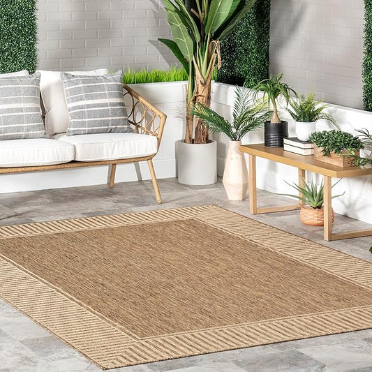 nuLOOM 9'6" x 12' Outdoor Area Rug, Casual Design With Striped Border, Stain Resistant, Highly Durable, For Patio, Balcony, Bedroom, Living Room, Dining Room, Bathroom, Light Brown