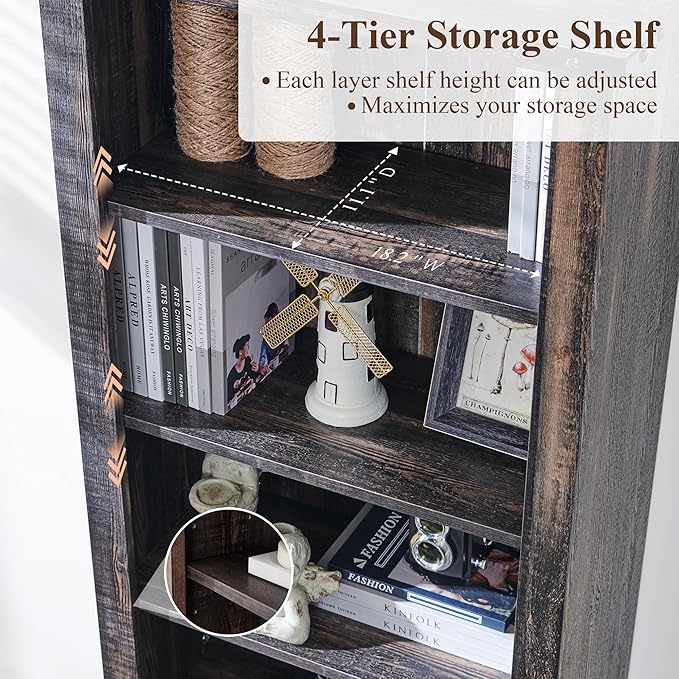 RedLemon Bookshelf with Storage Cabinet, 72" Tall Farmhouse Bookcase with Adjustable Shelves and Barn Door, 4 Tier Office Wood Bookshelf with Drawer for Office Library Living Room (Dark Rustic Oak)