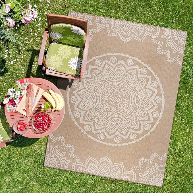 CAMILSON Outdoor Rug 9x12 Modern Area Rugs for Large Indoor and Outdoor Patios and Porches - Waterproof Washable Non-Shedding Easy-to-Clean Outside Carpet (9 x 12, Medallion - Beige/White)