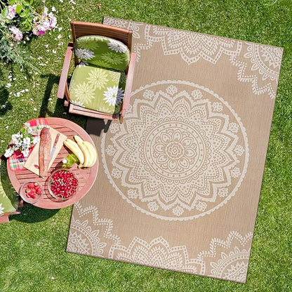 CAMILSON Outdoor Rug 6x9 Modern Area Rugs for Indoor and Outdoor Patios and Porches - Waterproof, Washable, Non-Shedding, Easy-to-Clean Outside Carpet (6 x 9, Medallion - Beige/White)