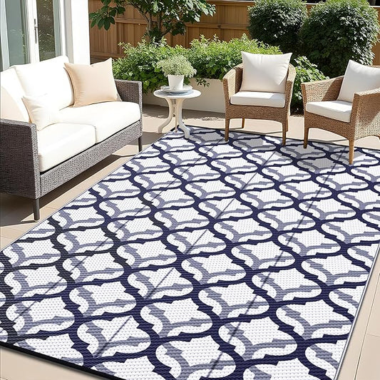 OLANLY Reversible Outdoor Rug 8x10 ft Clearance, Waterproof Outdoor Plastic Straw Rug with Interlacing Pattern, RV Mat for Patio, Camping, Balcony, Deck, Backyard, Navy & White