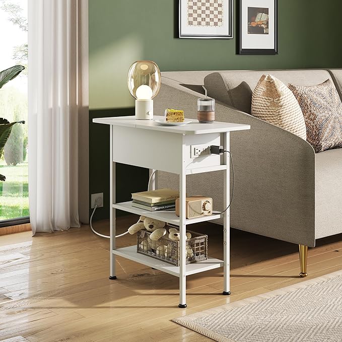 WLIVE End Table with Charging Station, Flip Top Side Table with Storage Shelf, Sofa Couch Table with USB Ports and Outlets, Narrow Bedside Table for Living Room, Bedroom Nightstand, White
