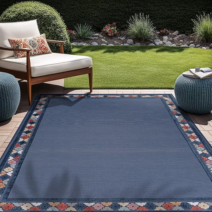 Beverly Rug Outdoor Rug 9x12 Modern Bordered Large Area Rugs for Indoor and Outdoor Patio Easy to Clean Non Shedding Living Room Porch Garden Washable Outside Carpet (9 x 12 Blue)